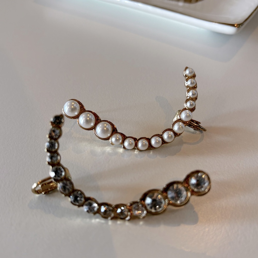 Gold Rhinestone & Pearls Cuff Earrings